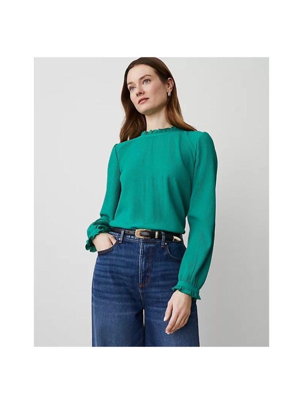 Ann Taylor Green Pleated Ruffle Blouson Sleeve Popover Top XXL NEW